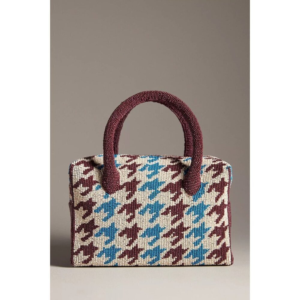 Anthropologie Beaded Satchel Houndstooth Blue Burgundy - Picture 3 of 3